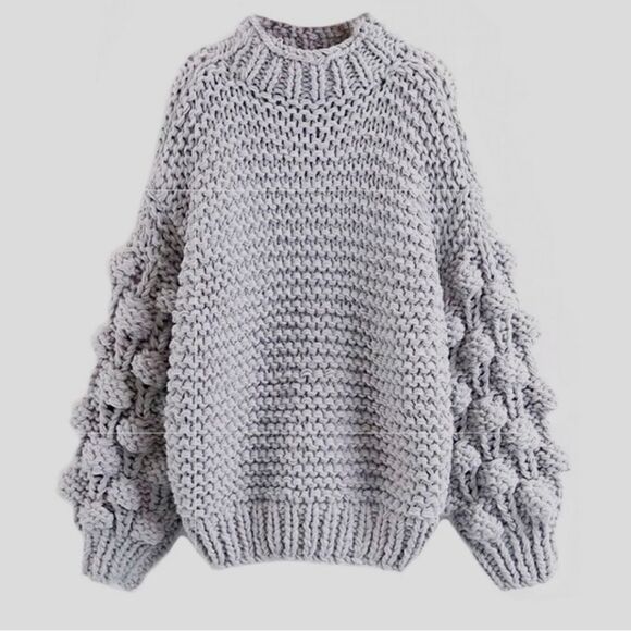 Macaron gray bubble-sleeve knit soft sweater Small BOHO grey hand knit Pom Pom - Picture 16 of 16